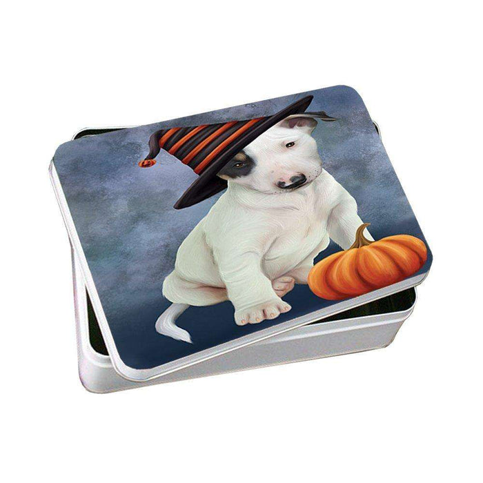 Happy Halloween Bull Terrier Dog Wearing Witch Hat with Pumpkin Photo Storage Tin