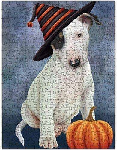 Happy Halloween Bull Terrier Dog Wearing Witch Hat with Pumpkin Puzzle with Photo Tin