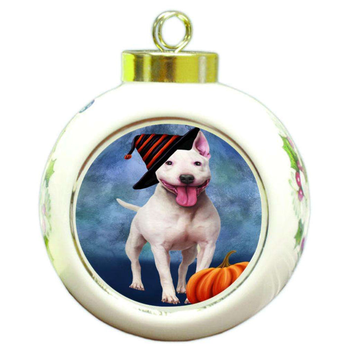 Happy Halloween Bull Terrier Dog Wearing Witch Hat with Pumpkin Round Ball Christmas Ornament RBPOR54998