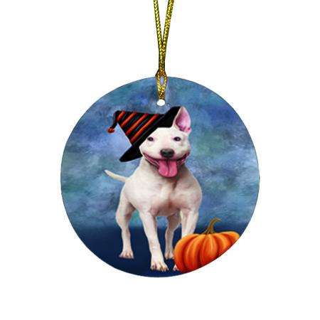 Happy Halloween Bull Terrier Dog Wearing Witch Hat with Pumpkin Round Flat Christmas Ornament RFPOR54989