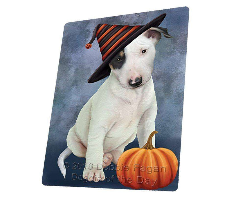 Happy Halloween Bull Terrier Dog Wearing Witch Hat with Pumpkin Tempered Cutting Board