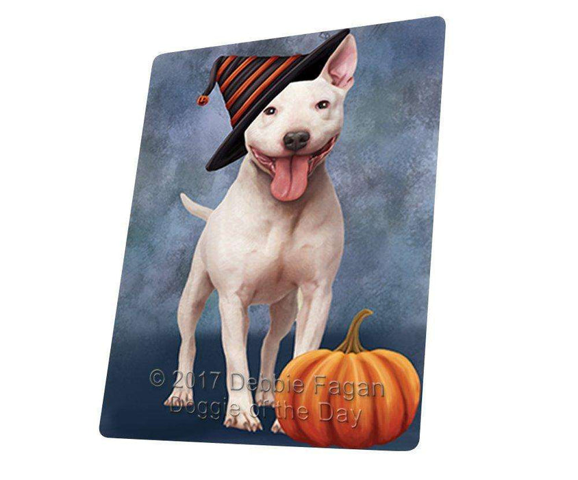 Happy Halloween Bull Terrier Dog Wearing Witch Hat with Pumpkin Tempered Cutting Board