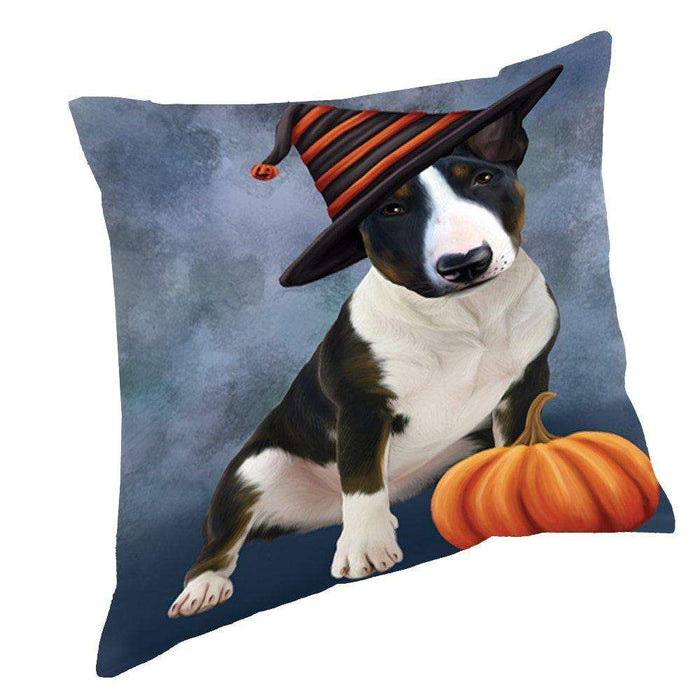 Happy Halloween Bull Terrier Dog Wearing Witch Hat with Pumpkin Throw Pillow