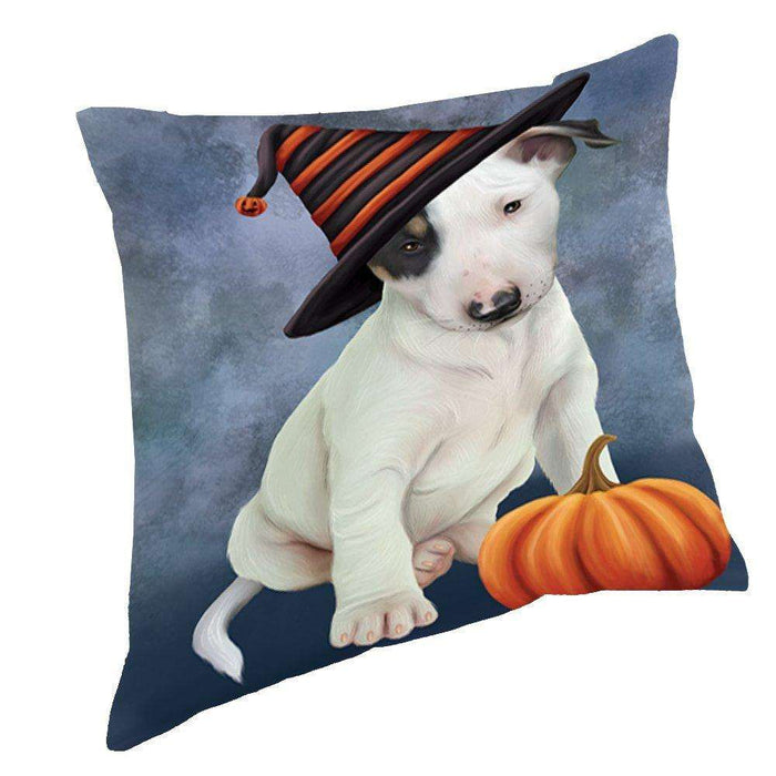 Happy Halloween Bull Terrier Dog Wearing Witch Hat with Pumpkin Throw Pillow