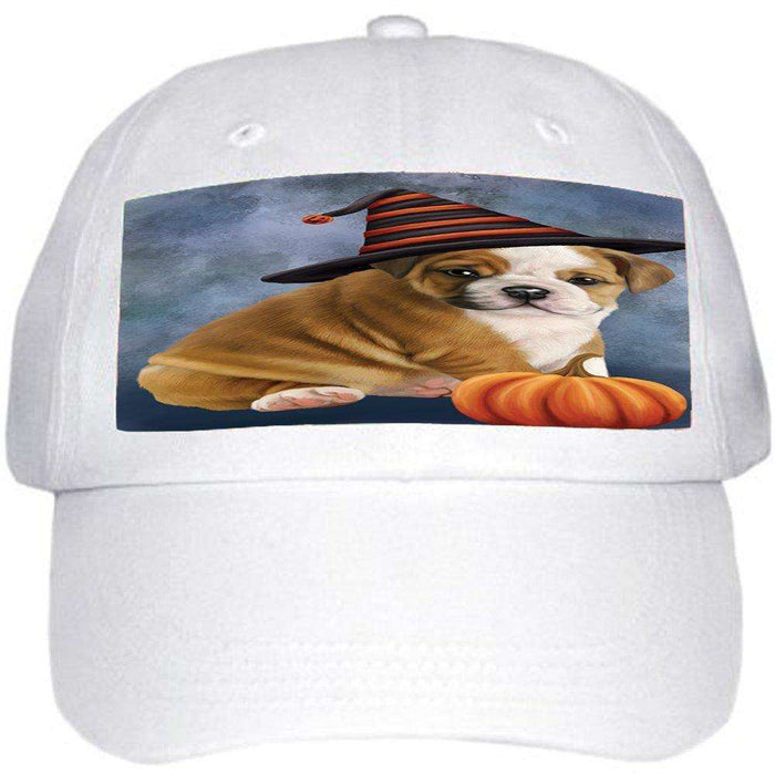 Happy Halloween Bulldog Dog Wearing Witch Hat with Pumpkin Ball Hat Cap