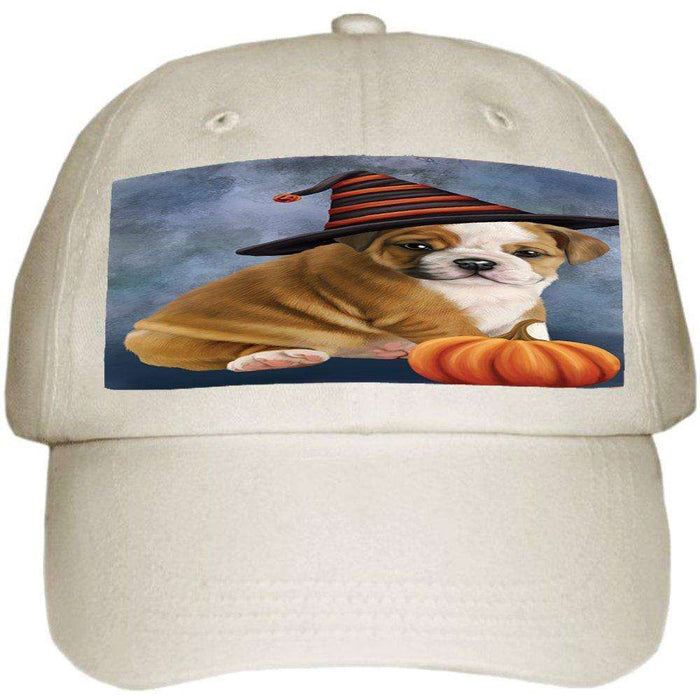 Happy Halloween Bulldog Dog Wearing Witch Hat with Pumpkin Ball Hat Cap
