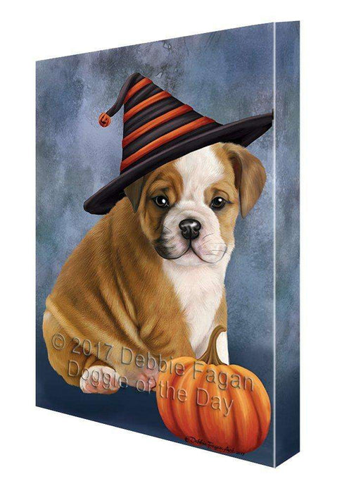 Happy Halloween Bulldog Dog Wearing Witch Hat with Pumpkin Canvas Wall Art
