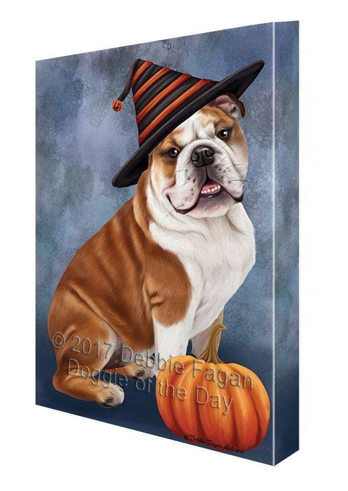 Happy Halloween Bulldog Dog Wearing Witch Hat with Pumpkin Canvas Wall Art