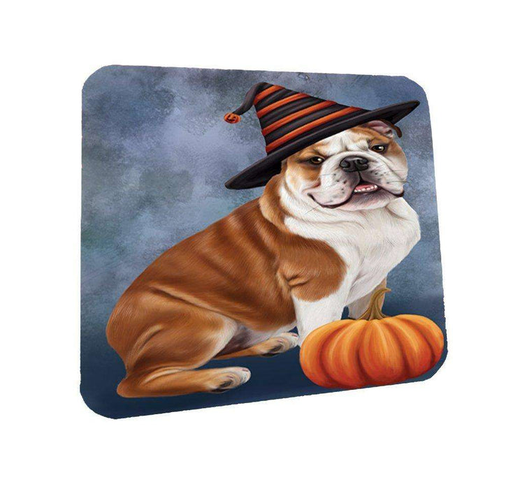 Happy Halloween Bulldog Dog Wearing Witch Hat with Pumpkin Coasters Set of 4
