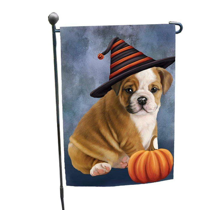 Happy Halloween Bulldog Dog Wearing Witch Hat with Pumpkin Garden Flag