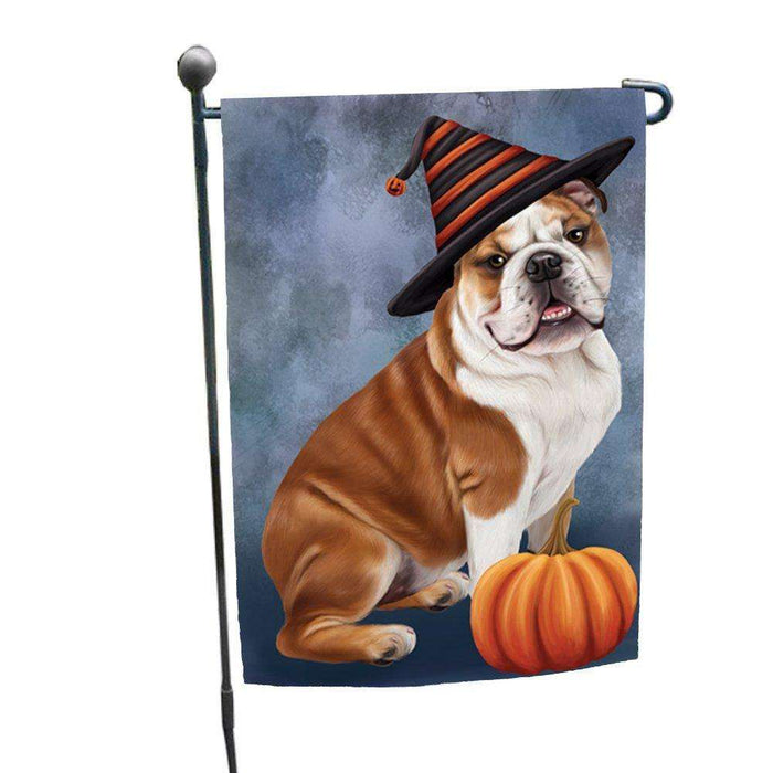 Happy Halloween Bulldog Dog Wearing Witch Hat with Pumpkin Garden Flag