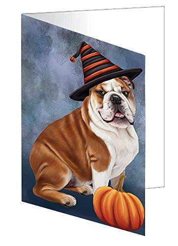 Happy Halloween Bulldog Dog Wearing Witch Hat with Pumpkin Handmade Artwork Assorted Pets Greeting Cards and Note Cards with Envelopes for All Occasions and Holiday Seasons
