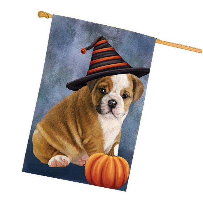 Happy Halloween Bulldog Dog Wearing Witch Hat with Pumpkin House Flag