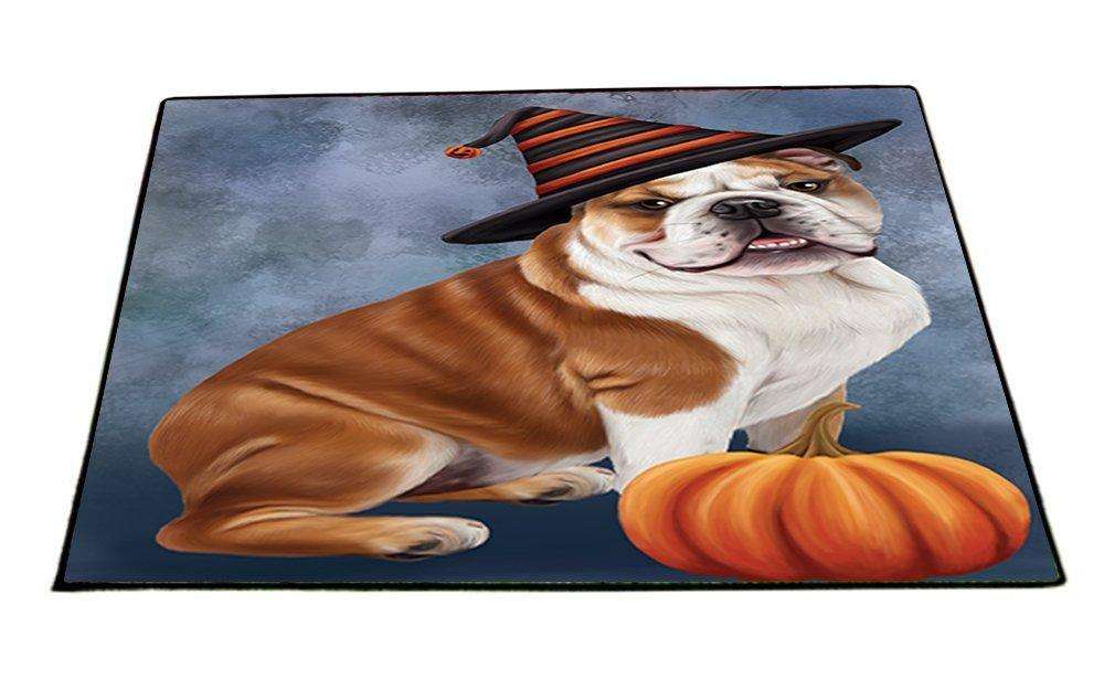 Happy Halloween Bulldog Dog Wearing Witch Hat with Pumpkin Indoor/Outdoor Floormat