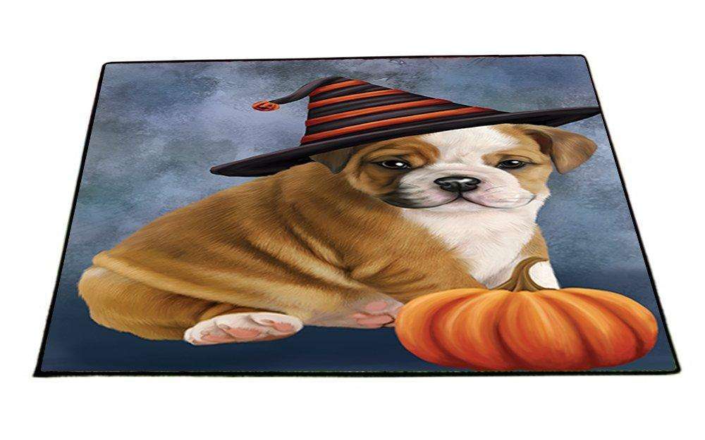 Happy Halloween Bulldog Dog Wearing Witch Hat with Pumpkin Indoor/Outdoor Floormat