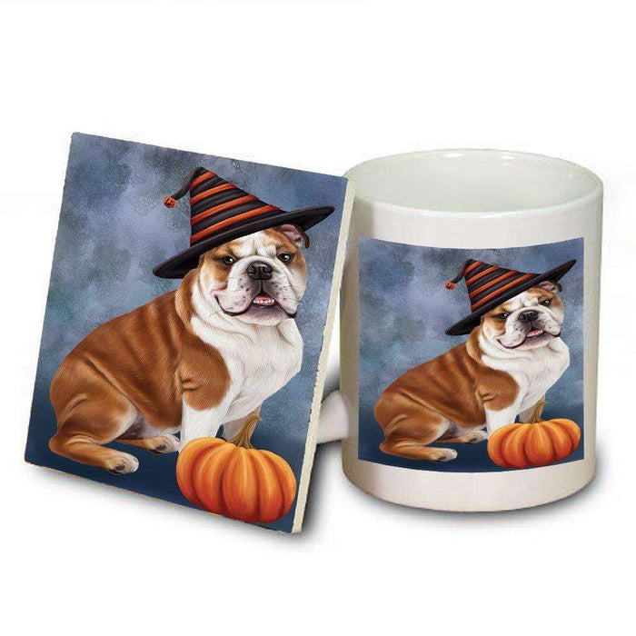 Happy Halloween Bulldog Dog Wearing Witch Hat with Pumpkin Mug and Coaster Set