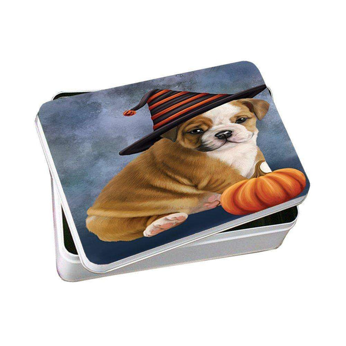 Happy Halloween Bulldog Dog Wearing Witch Hat with Pumpkin Photo Storage Tin