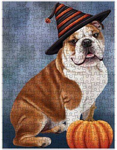 Happy Halloween Bulldog Dog Wearing Witch Hat with Pumpkin Puzzle with Photo Tin