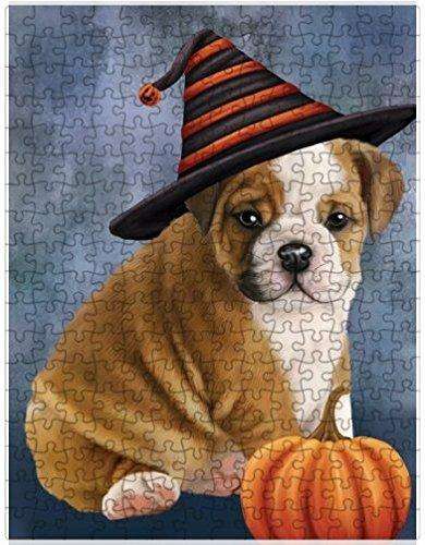 Happy Halloween Bulldog Dog Wearing Witch Hat with Pumpkin Puzzle with Photo Tin
