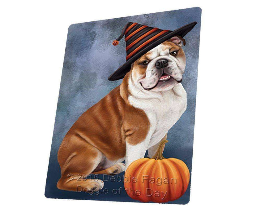 Happy Halloween Bulldog Dog Wearing Witch Hat with Pumpkin Tempered Cutting Board