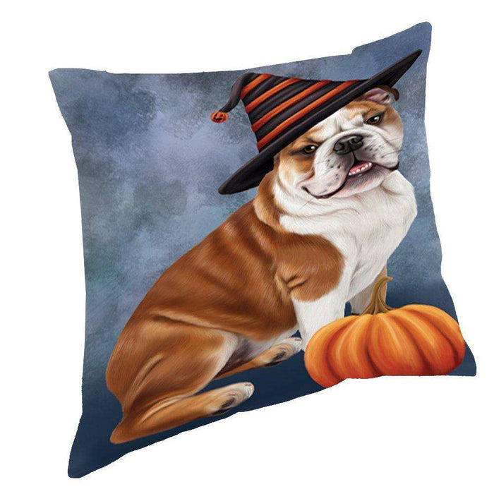 Happy Halloween Bulldog Dog Wearing Witch Hat with Pumpkin Throw Pillow