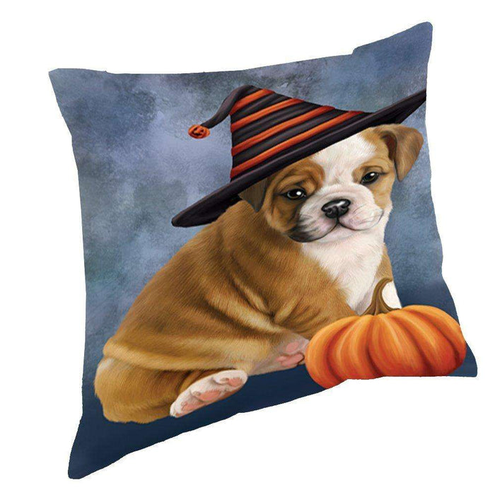 Happy Halloween Bulldog Dog Wearing Witch Hat with Pumpkin Throw Pillow