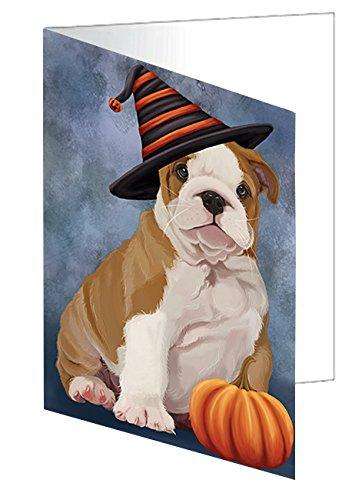 Happy Halloween Bulldog Puppy Dog Wearing Witch Hat with Pumpkin Handmade Artwork Assorted Pets Greeting Cards and Note Cards with Envelopes for All Occasions and Holiday Seasons