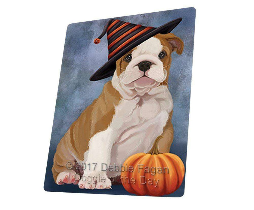 Happy Halloween Bulldog Puppy Dog Wearing Witch Hat with Pumpkin Tempered Cutting Board
