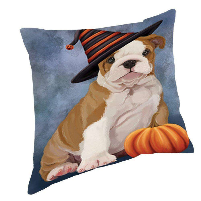 Happy Halloween Bulldog Puppy Dog Wearing Witch Hat with Pumpkin Throw Pillow