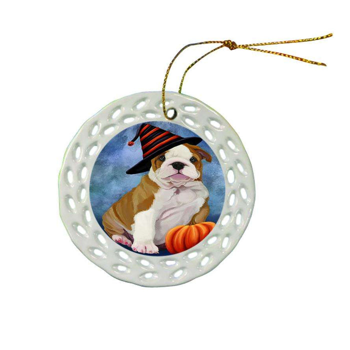 Happy Halloween Bulldog Wearing Witch Hat with Pumpkin Ceramic Doily Ornament DPOR54999