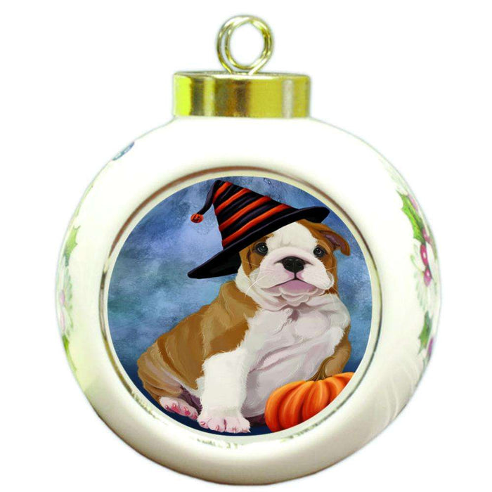 Happy Halloween Bulldog Wearing Witch Hat with Pumpkin Round Ball Christmas Ornament RBPOR54999