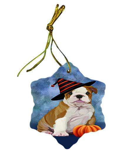 Happy Halloween Bulldog Wearing Witch Hat with Pumpkin Star Porcelain Ornament SPOR54990