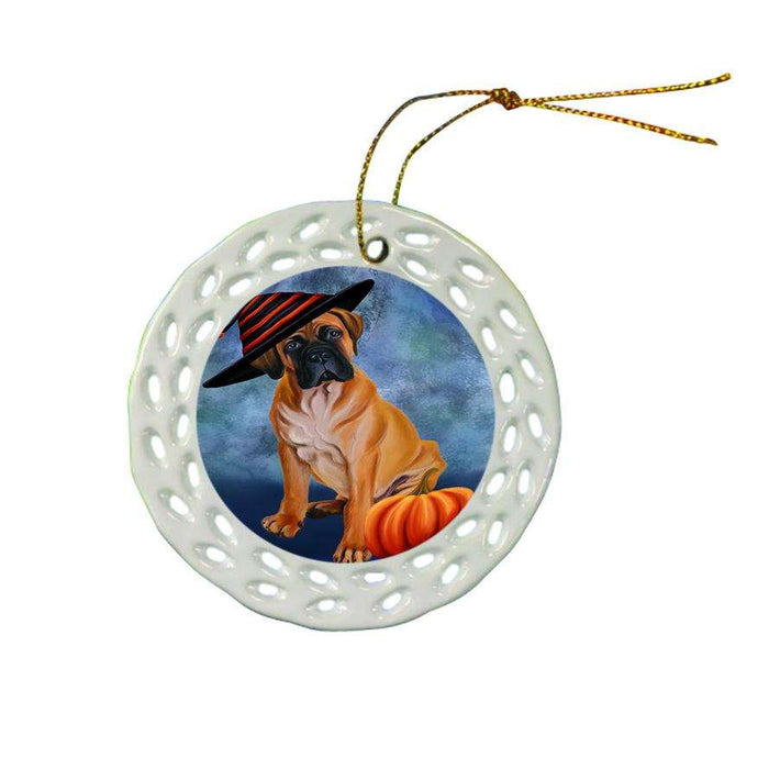 Happy Halloween Bullmastiff Dog Wearing Witch Hat with Pumpkin Ceramic Doily Ornament DPOR55000