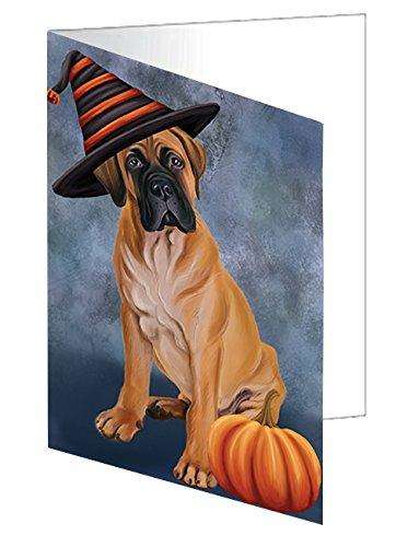 Happy Halloween Bullmastiff Dog Wearing Witch Hat with Pumpkin Handmade Artwork Assorted Pets Greeting Cards and Note Cards with Envelopes for All Occasions and Holiday Seasons