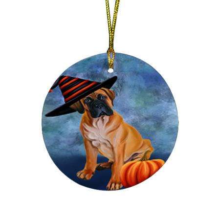 Happy Halloween Bullmastiff Dog Wearing Witch Hat with Pumpkin Round Flat Christmas Ornament RFPOR54991