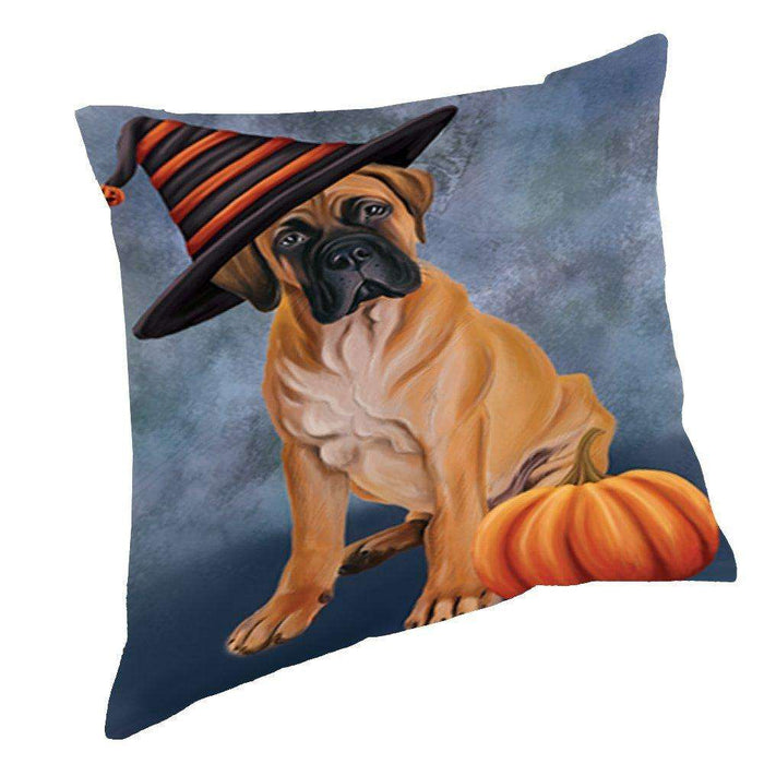 Happy Halloween Bullmastiff Dog Wearing Witch Hat with Pumpkin Throw Pillow