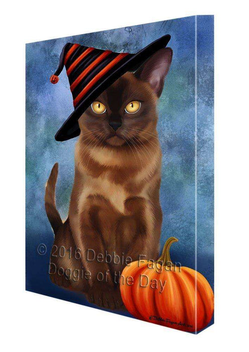 Happy Halloween Burmese Cat Wearing Witch Hat with Pumpkin Canvas Wall Art