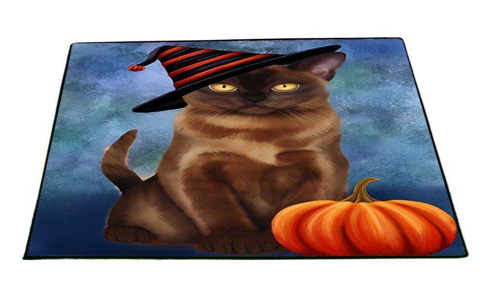 Happy Halloween Burmese Cat Wearing Witch Hat with Pumpkin Indoor/Outdoor Floormat