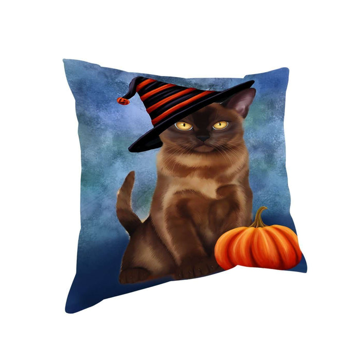 Happy Halloween Burmese Cat Wearing Witch Hat with Pumpkin Throw Pillow
