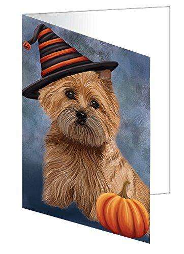 Happy Halloween Cairn Terrier Dog Donning Witch Hat with Pumpkin Handmade Artwork Assorted Pets Greeting Cards and Note Cards with Envelopes for All Occasions and Holiday Seasons