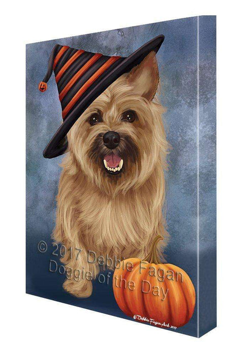 Happy Halloween Cairn Terrier Dog Wearing Witch Hat with Pumpkin Canvas Wall Art