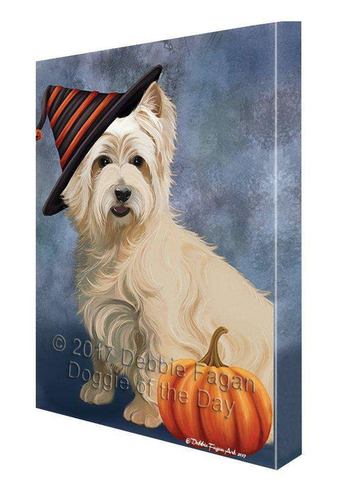 Happy Halloween Cairn Terrier Dog Wearing Witch Hat with Pumpkin Canvas Wall Art