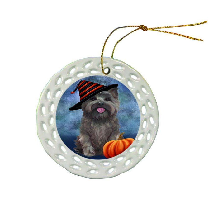 Happy Halloween Cairn Terrier Dog Wearing Witch Hat with Pumpkin Ceramic Doily Ornament DPOR55001