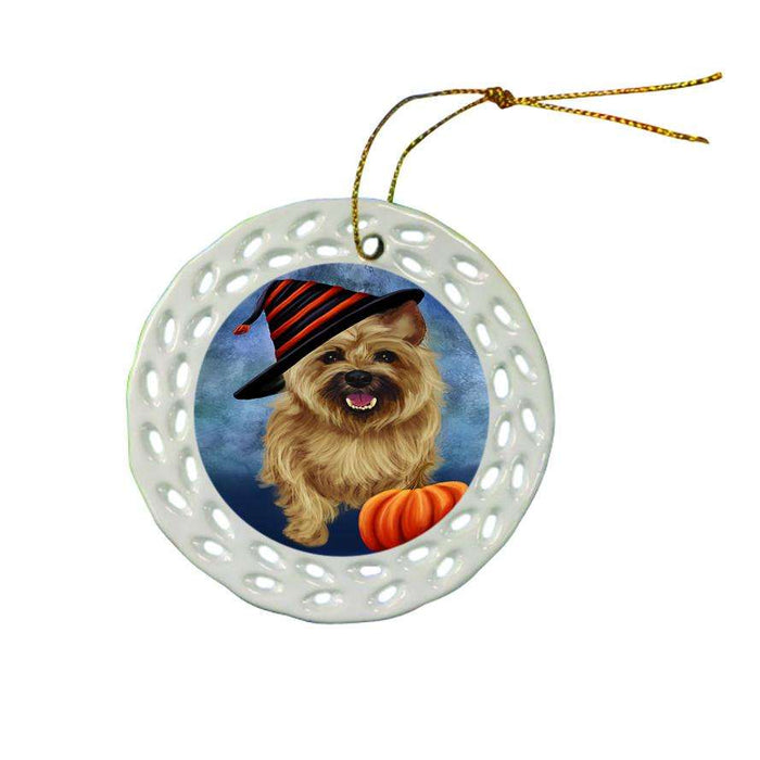 Happy Halloween Cairn Terrier Dog Wearing Witch Hat with Pumpkin Ceramic Doily Ornament DPOR55002