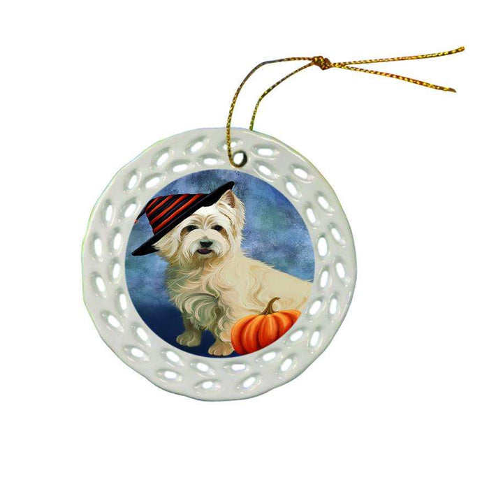 Happy Halloween Cairn Terrier Dog Wearing Witch Hat with Pumpkin Ceramic Doily Ornament DPOR55003
