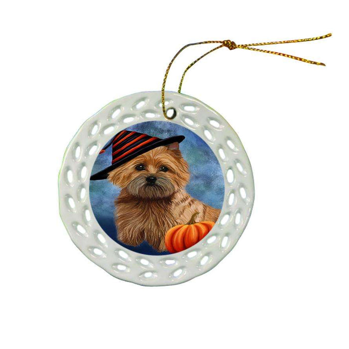 Happy Halloween Cairn Terrier Dog Wearing Witch Hat with Pumpkin Ceramic Doily Ornament DPOR55004