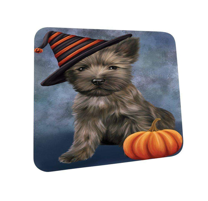 Happy Halloween Cairn Terrier Dog Wearing Witch Hat with Pumpkin Coasters Set of 4