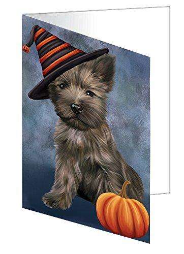 Happy Halloween Cairn Terrier Dog Wearing Witch Hat with Pumpkin Handmade Artwork Assorted Pets Greeting Cards and Note Cards with Envelopes for All Occasions and Holiday Seasons
