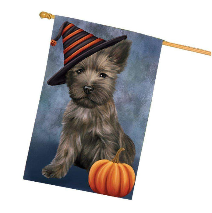 Happy Halloween Cairn Terrier Dog Wearing Witch Hat with Pumpkin House Flag