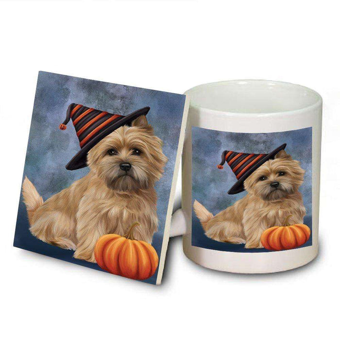 Happy Halloween Cairn Terrier Dog Wearing Witch Hat with Pumpkin Mug and Coaster Set